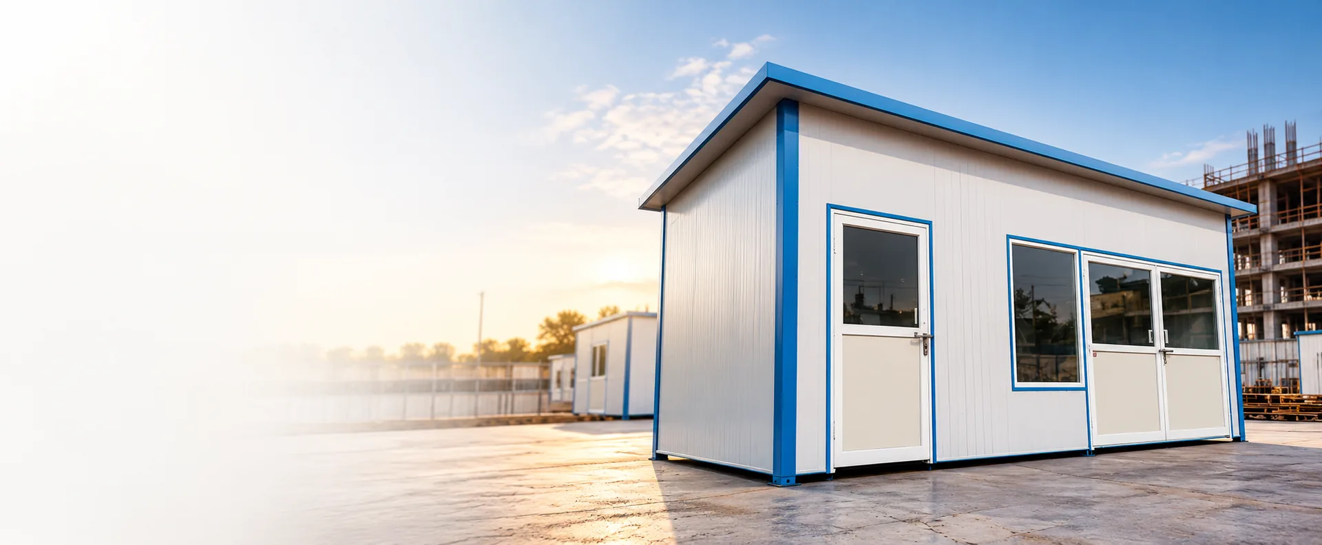 Portable site office cabin with blue trim by Siddhi Infra